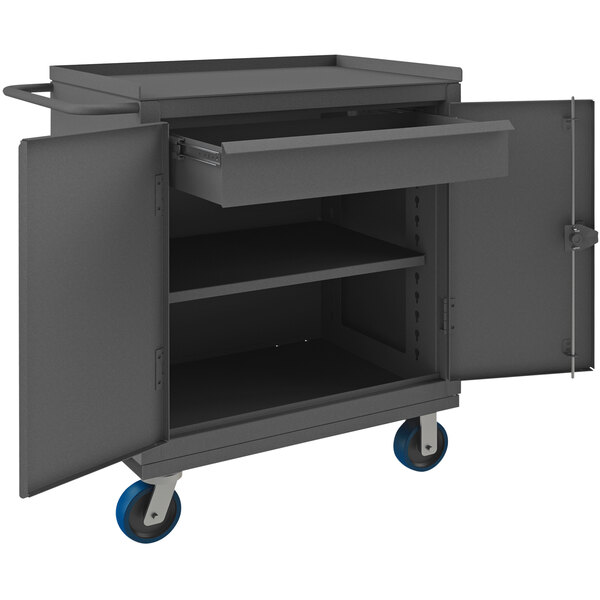 A black Durham Manufacturing mobile workstation with 1 drawer and an open shelf.