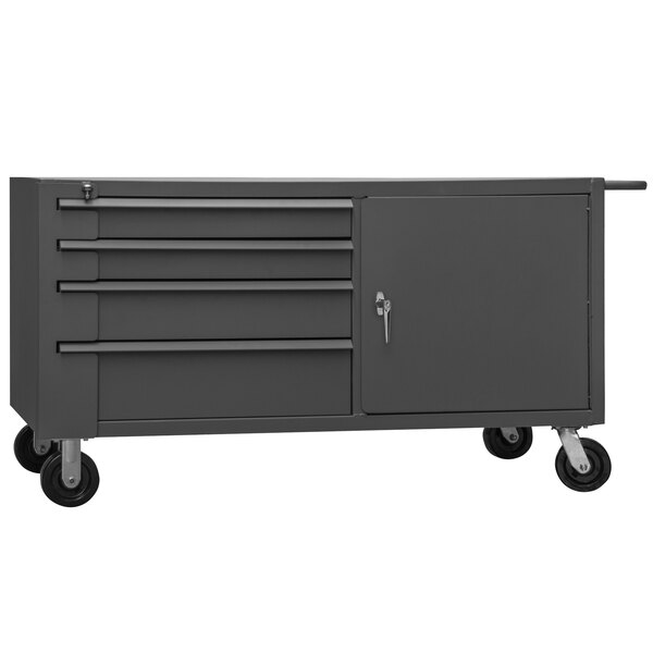A grey metal Durham Mobile Workstation with drawers.