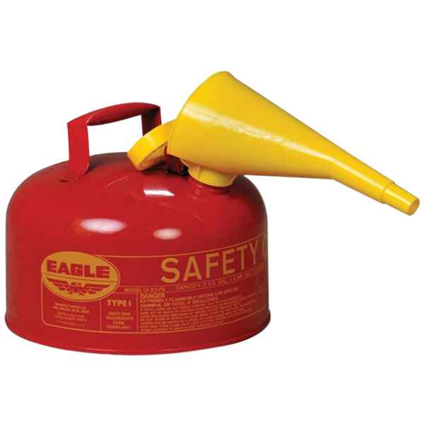 A red Eagle Manufacturing safety can with a yellow nozzle and funnel.