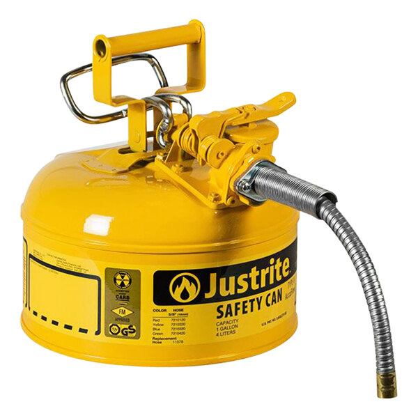 A yellow Justrite safety can with a metal hose.