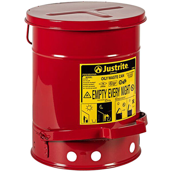 A red metal Justrite oily waste can with a lid.