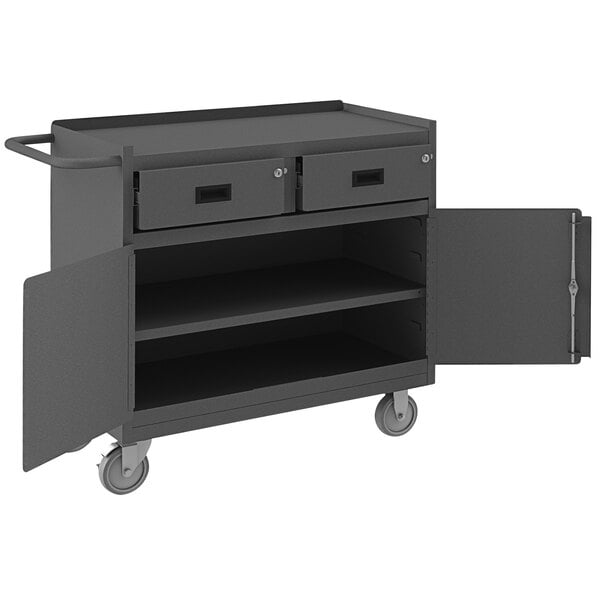 A black Durham Mfg mobile workstation cart with open doors.