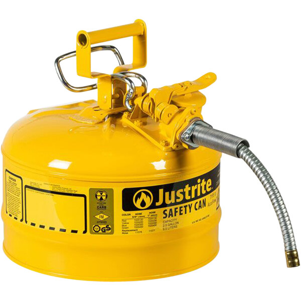 A yellow Justrite steel safety can with a metal hose and handle.