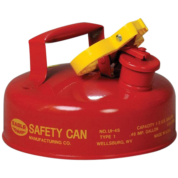 A red Eagle Manufacturing safety can with a yellow handle.