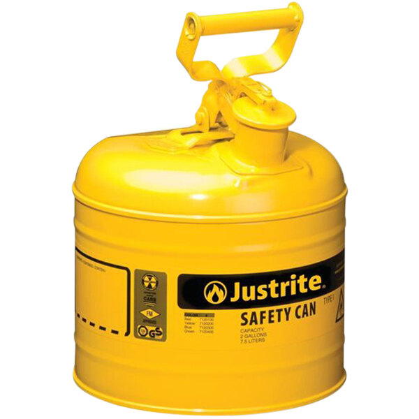 A yellow steel Justrite safety can with a yellow handle.
