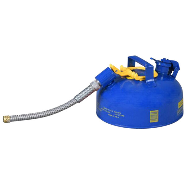 A blue Eagle Manufacturing kerosene safety can with a metal hose and flame arrester.