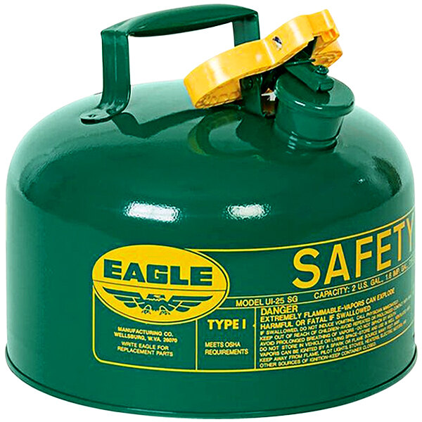 A green Eagle Manufacturing steel safety canister with yellow text and a lid.