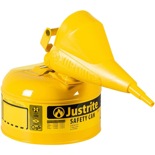 A yellow Justrite safety can with a handle and nozzle.