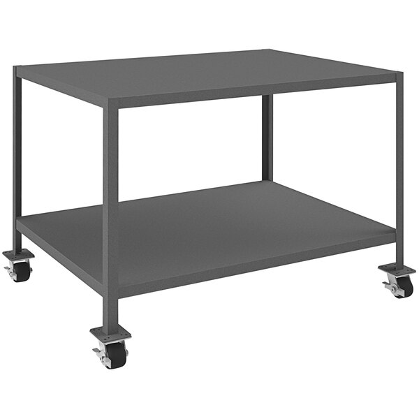 A grey metal Durham Mfg mobile machine table with 2 shelves and wheels.
