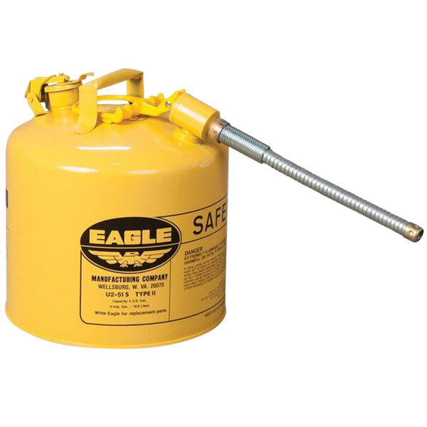 An Eagle yellow steel 5 gallon diesel safety can with metal hose and flame arrester.