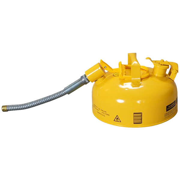 A yellow Eagle Manufacturing safety can with a flexible metal hose attached to the lid.