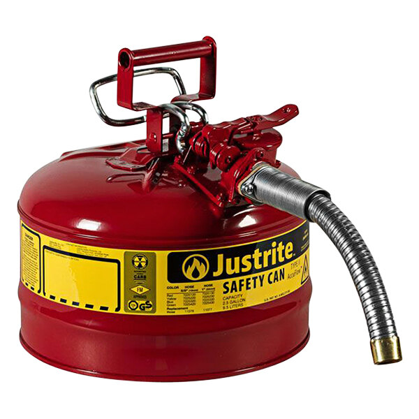 A red metal Justrite safety can with a hose.