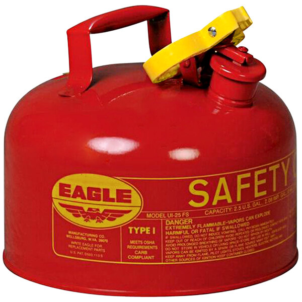An Eagle red steel safety can for gas and flammables with yellow text.