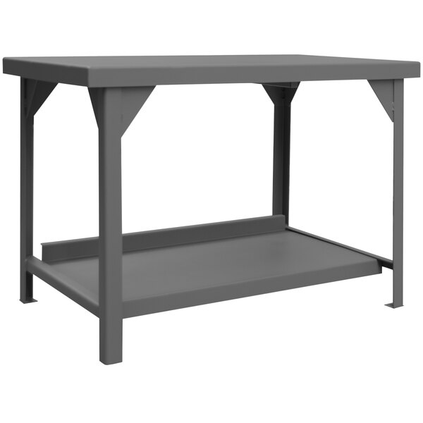 A grey rectangular Durham Mfg steel workbench with a shelf on top.