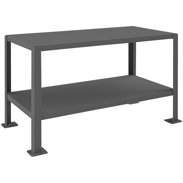 A gray Durham Mfg steel machine table with 2 shelves.