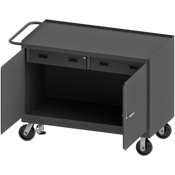 A black Durham mobile steel workstation with two drawers.