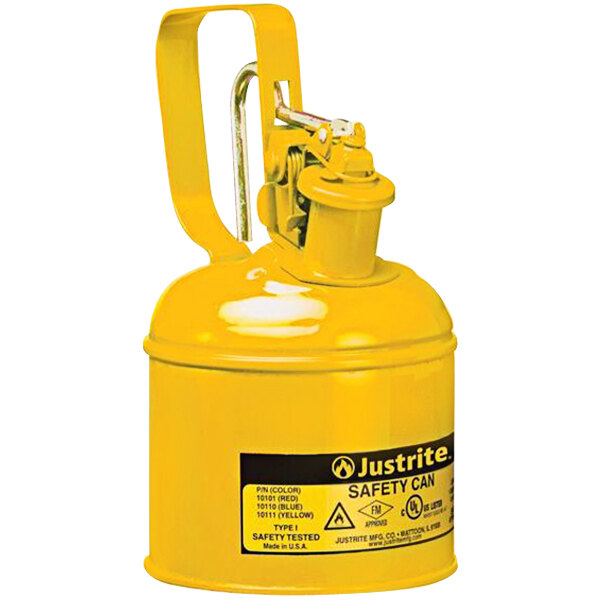 A yellow Justrite safety can with a handle.
