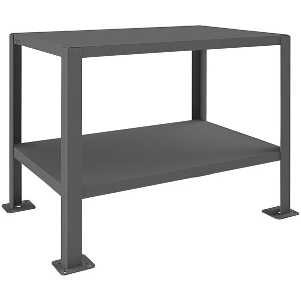 A grey metal Durham Manufacturing machine table with two shelves.