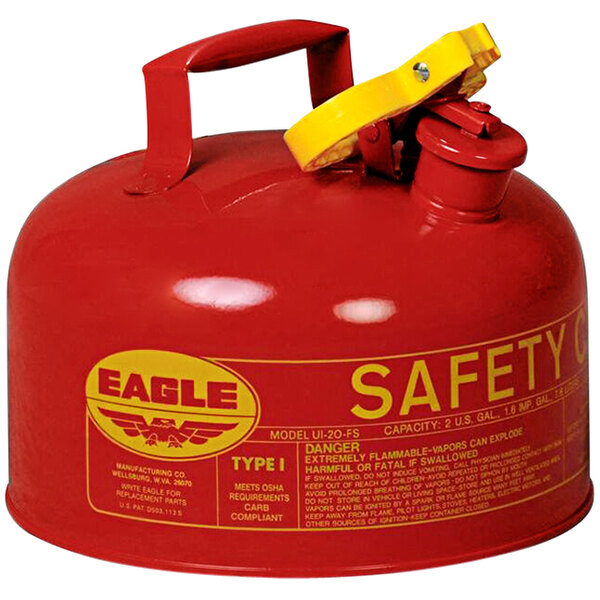 A red Eagle safety can for gas with yellow text and a yellow handle.
