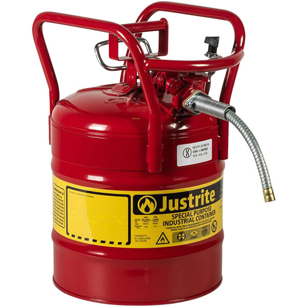 A red metal Justrite safety can with a metal hose attached.