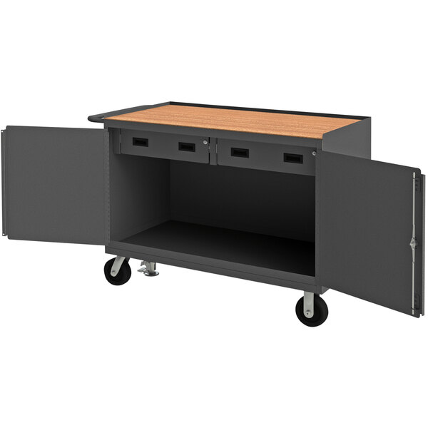 A black and gray Durham mobile workstation cart with a wooden top and two drawers.