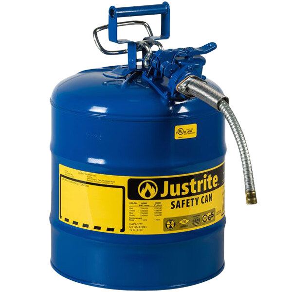 A blue metal Justrite safety canister with a hose attached.