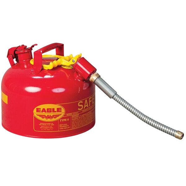 A red Eagle Manufacturing 2.5 gallon gas safety can with a hose.