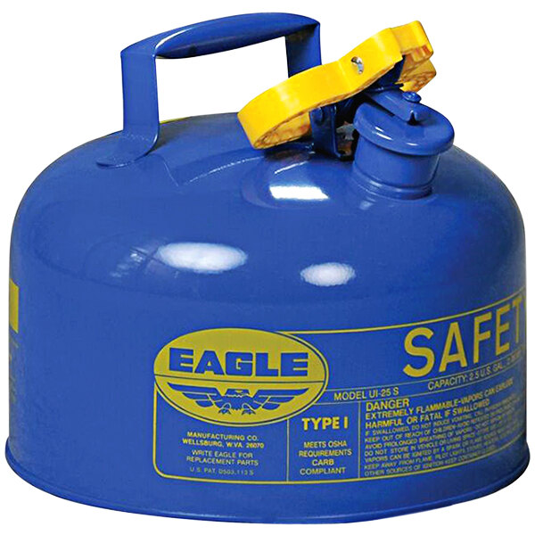 An Eagle blue steel safety can with yellow accents and text.