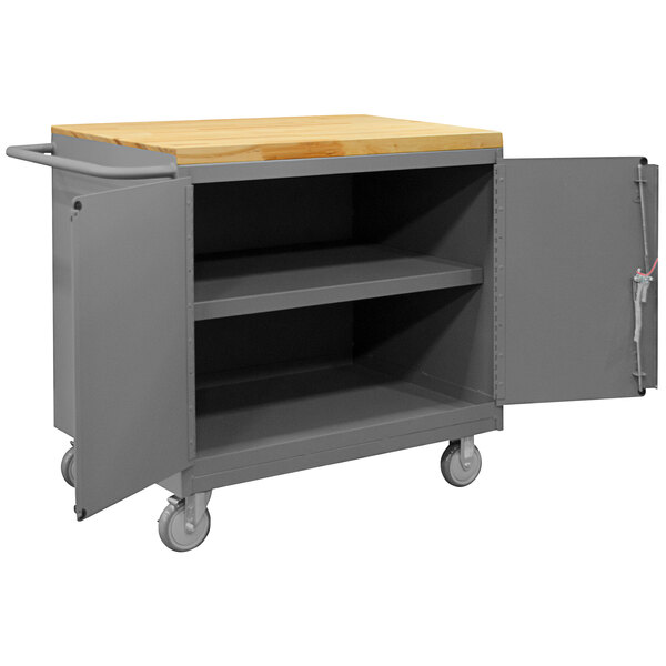 A grey metal Durham workstation with a wooden top.