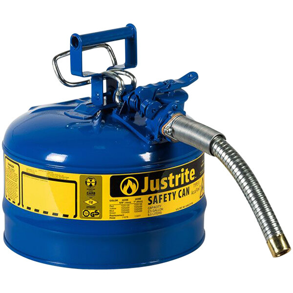 A blue metal Justrite safety can with a hose attached.