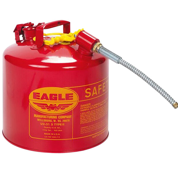 A red Eagle safety can with a metal hose.