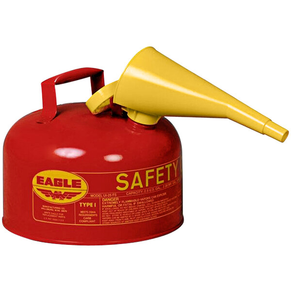 A red Eagle Manufacturing safety can for gas with yellow accents and a funnel.
