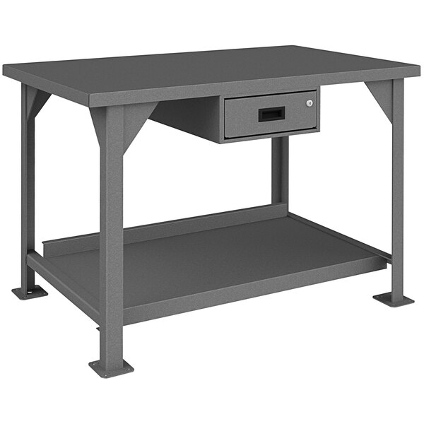 A grey steel Durham workbench with a drawer with a black handle.