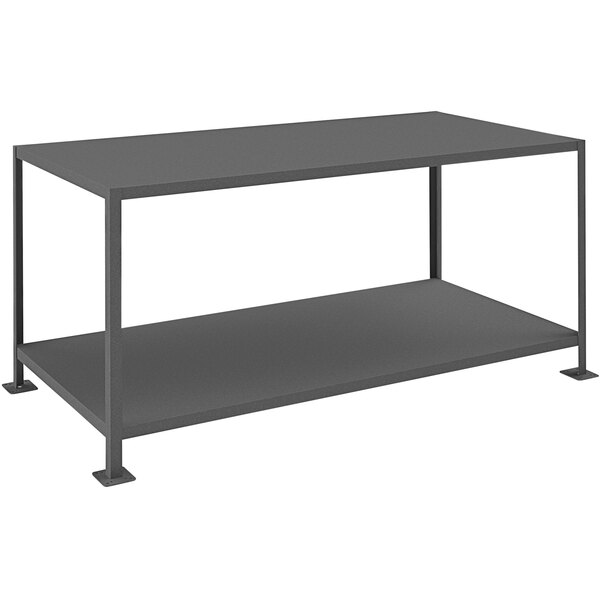 A black metal Durham Mfg machine table with 2 shelves.