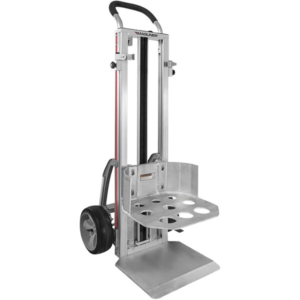 A silver hand truck with a black handle.