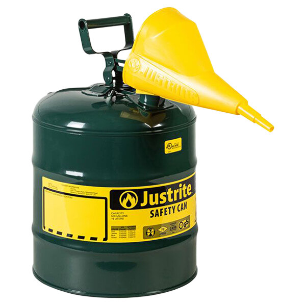 A green and yellow metal Justrite safety can with a yellow funnel.