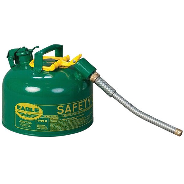 A green and yellow Eagle Manufacturing safety can with a metal hose and flame arrester.