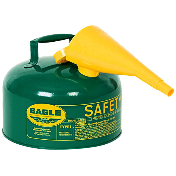 A green Eagle safety can with a yellow funnel and nozzle.