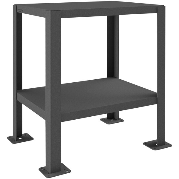 A black metal Durham machine table with 2 shelves.