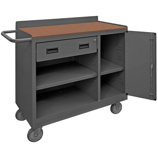 A Durham mobile workstation with a shelf and a door open.