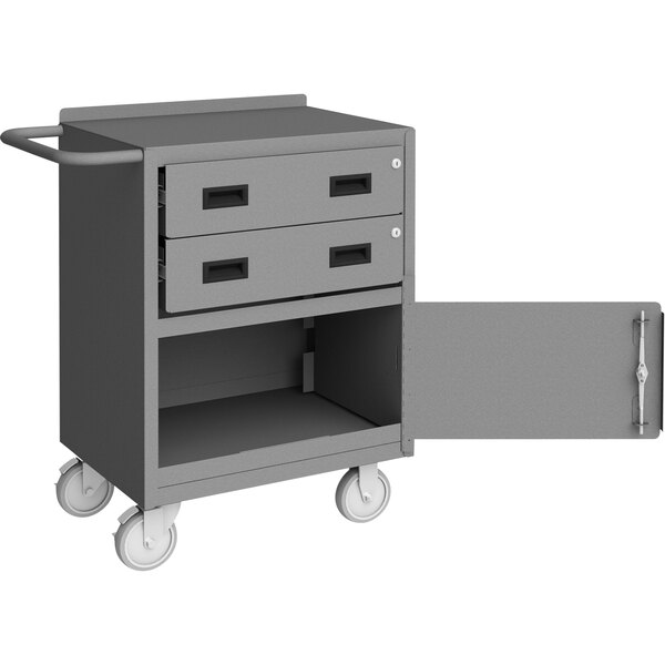 A gray metal mobile workstation with 1 door and 2 drawers.
