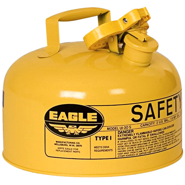 An Eagle yellow steel safety can with a yellow metal handle and safety label.