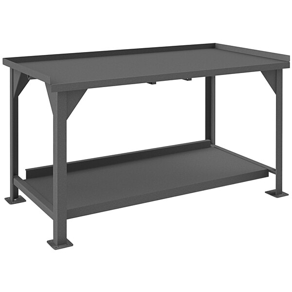A black metal Durham workbench with 2 shelves.