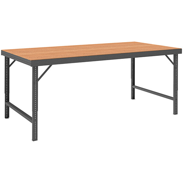 A Durham Manufacturing workbench with a tempered hardboard top and gray steel legs.