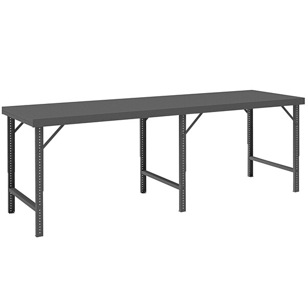 A rectangular black steel table with a gray top.