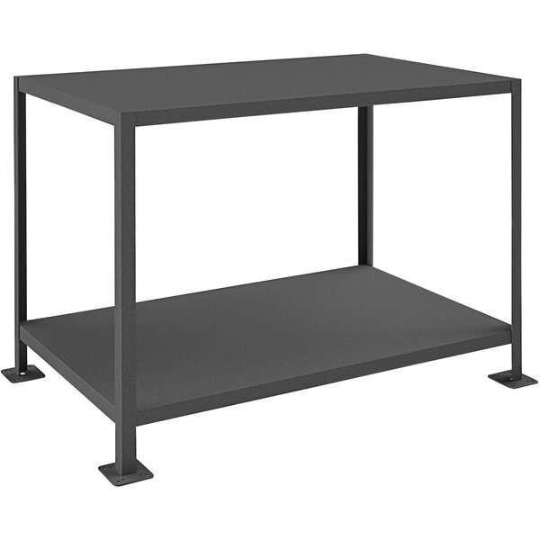 A black metal table with a shelf on top.