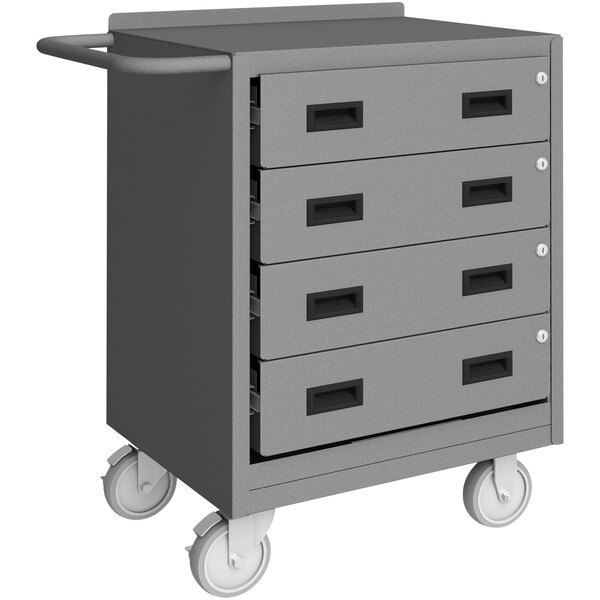 A gray metal cabinet with four black drawers on wheels.