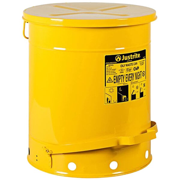A yellow Justrite oily waste can with a lid.