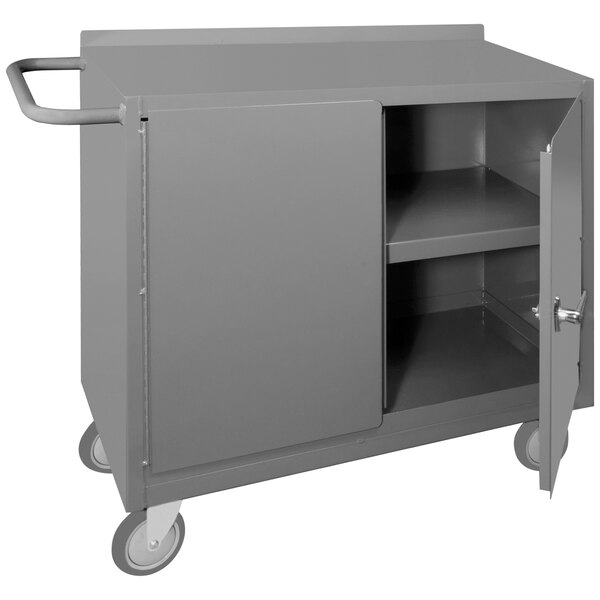 A gray metal mobile workstation with two open doors.