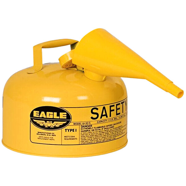 A yellow Eagle Manufacturing safety can with a yellow nozzle and a yellow handle.